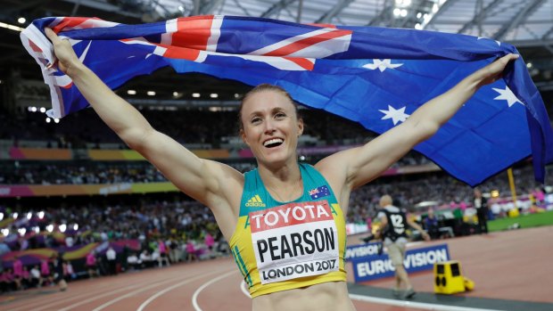 Australia's Sally Pearson celebrates after winning the gold medal in the women's 100m hurdles final.