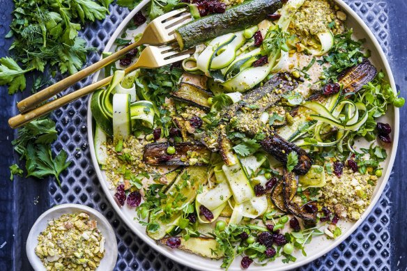 Raw and charred zucchini star in this textual salad.