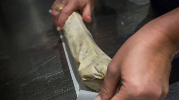 Make two logs of about 8cm diameter, leaving some paper at ends for wrapping. Wrap again in  cling wrap to secure, then freeze logs.