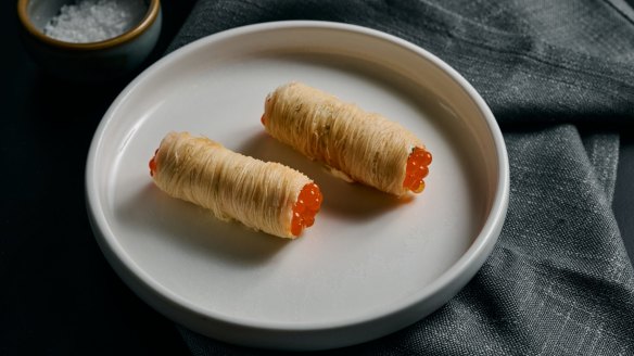 Cured trout with horseradish and roe wrapped in kataifi pastry.