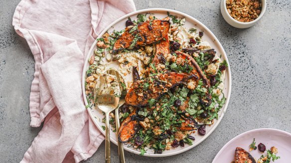 Falafel crumble  adds texture and interest to  roasted sweet potato wedges.