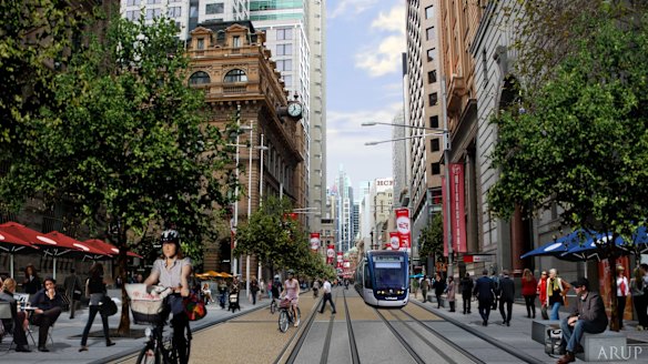 An artist's impression of the new light rail service down George Street at Martin Place.