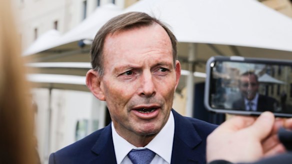 Former Australian prime minister Tony Abbott addresses the media in Hobart.