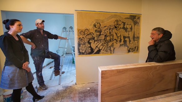 Tippler & Co owners Nicole Murnane and Gus McAllister recently uncovered a Mirka Mora mural. Pictured here with her son William Mora.