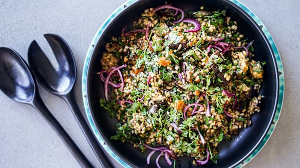 Eggplant, brown rice and quinoa salad with date caramel dressing.