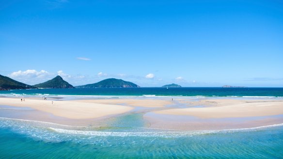 View of Fingal Spit looking towards Mount Tomaree, Port Stephens.