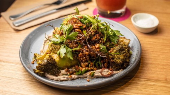 Charred broccoli and sorghum salad with tofu cream.