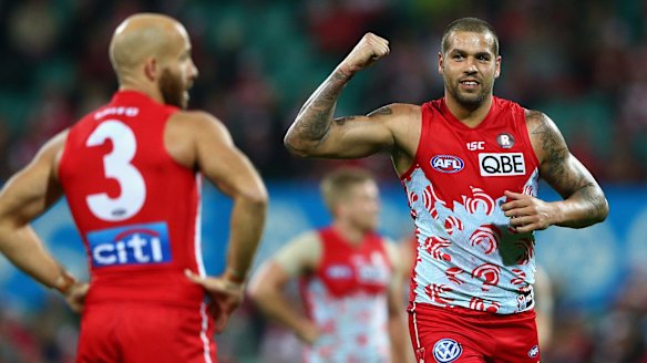 Good hit out: Lance Franklin of the Swans celebrates kicking a goal at the SCG. 