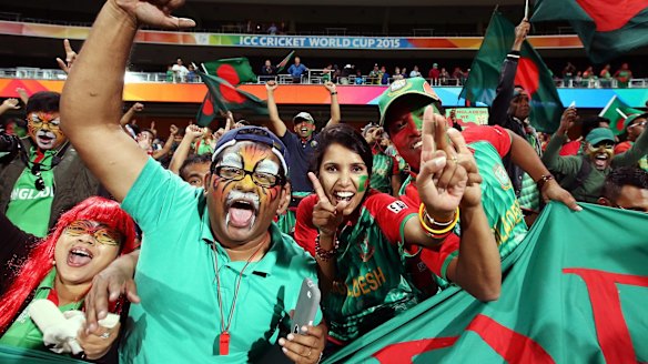 Bangladesh supporters celebrate after the 2015 ICC Cricket World Cup match between England and Bangladesh at Adelaide Oval