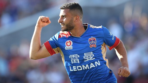 Friend turned foe: Former Victory player now Newcastle Jet Andrew Nabbout celebrates after scoring.