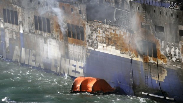 Smoke billows from the Norman Atlantic ferry that caught fire in the Adriatic Sea.