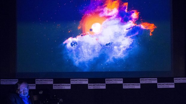 Stephen Hawking outlines the Breakthrough Listen project, which will search for signs of alien life beyond our galaxy, on July 20 in London.