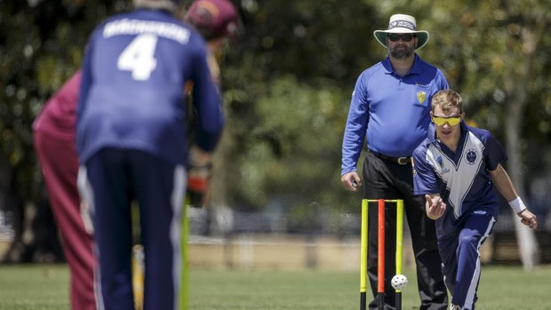 Hamish Mackenzie (L), Brendan Spencer (M) and Peter Loh (R) of Victoria, during Victoria vs Queensland, at the 33rd Australian National Blind Cricket Championships, Princes Park, Carlton, Melbourne. 