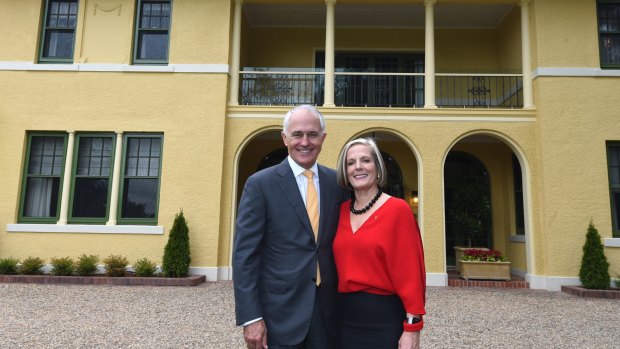 Prime Minister Malcolm Turnbull and wife Lucy Turnbull outside The Lodge.