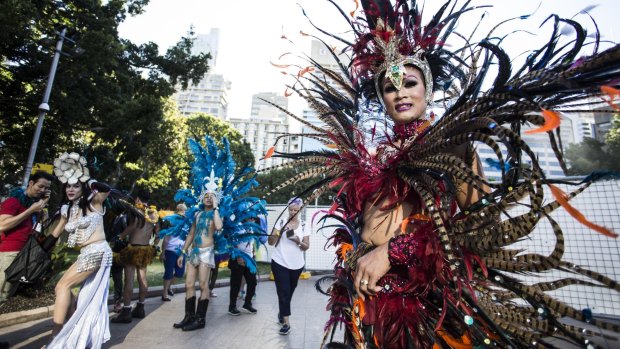 A spectacular feathered costume during the 2016 Gay and Lesbian Mardi Gras in Sydney.