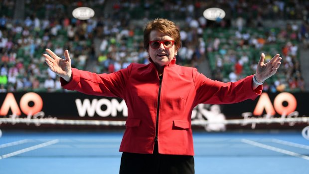 Billie Jean King is seen on centre court during the women of the year award after the womens semifinal match on day eleven at the Australian Open tennis tournament, in Melbourne, Australia, Thursday January 25, 2018