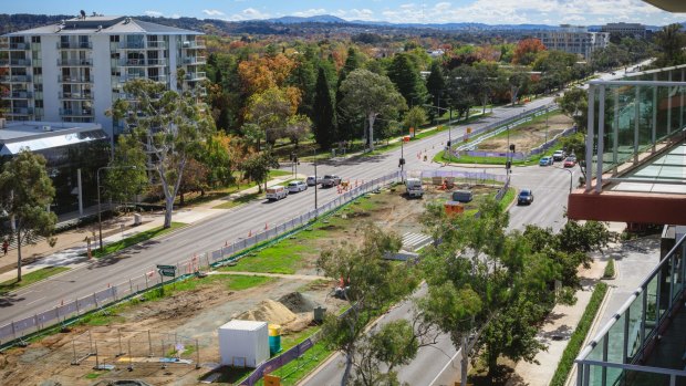 Work on Canberra's light rail in Northbounre Avenue on Wednesday, as seen from Pacific Suites.