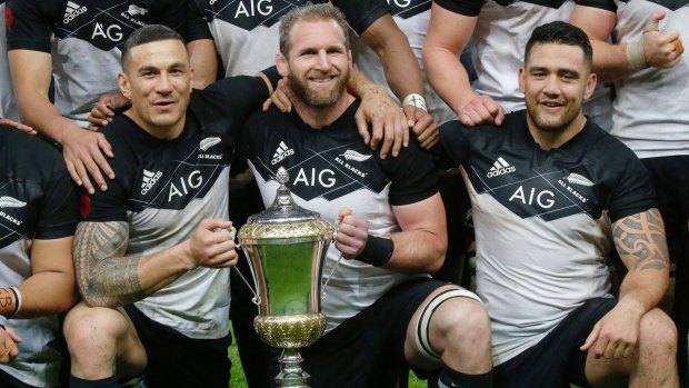 All smiles: New Zealand's Sonny Bill Williams, Kieran Read and  Codie Taylor pose with the trophy Gallaher.