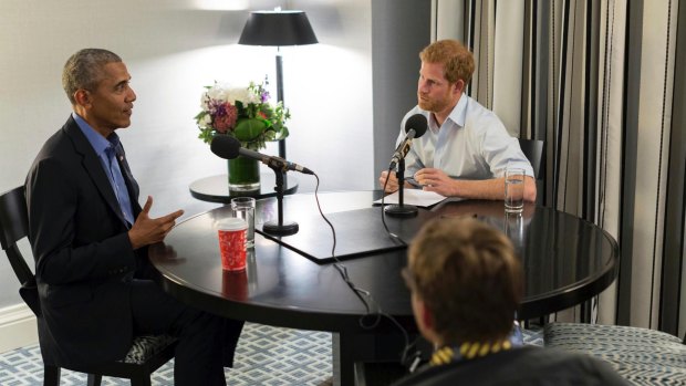 Prince Harry interviews former US president Barack Obama for British radio.