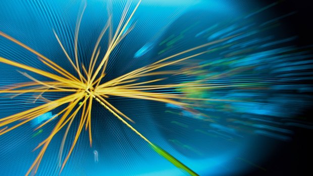 A picture with a zoom effect shows graphic traces of proton-proton collision events measured at the Large Hadron Collider in 2011.