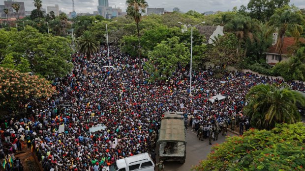 A crowd of thousands of protesters demand Robert Mugabe stand down last week.