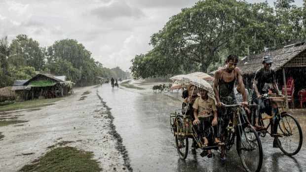 Rickshaws during the first rains of the monsoon at a camp for Rohingya in Sittwe earlier this month. 