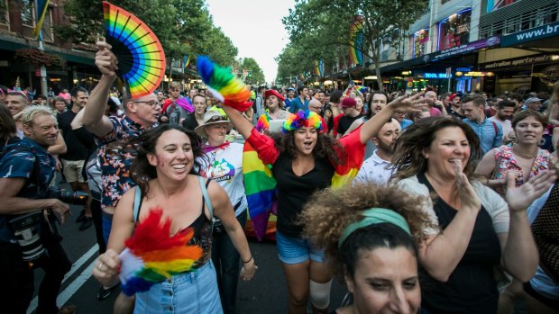 Yes voters celebrate the same-sex marriage postal survey outcome on Oxford Street in Sydney last week.
