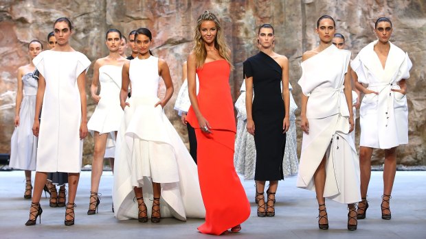 Jennifer Hawkins and Shanina Shaik showcase designs by Maticevski for the Myer AW16 Fashion Launch in Sydney.
