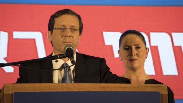 Isaac Herzog speaks to supporters in Tel Aviv.