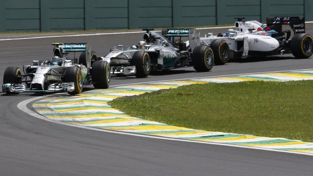 Nico Rosberg leads Mercedes teammate Lewis Hamilton and hometown hero Felipe Massa, of Williams, at the start of the Brazilian Formula One Grand Prix at Interlagos in Sao Paulo.