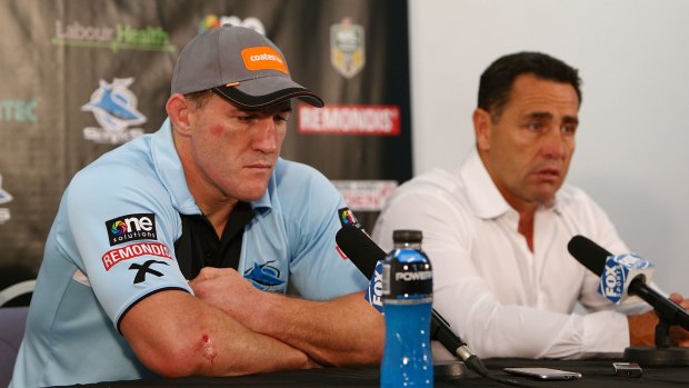 Disappointed: Sharks captain Paul Gallen and coach Shane Flanagan talk to the media after the game.
