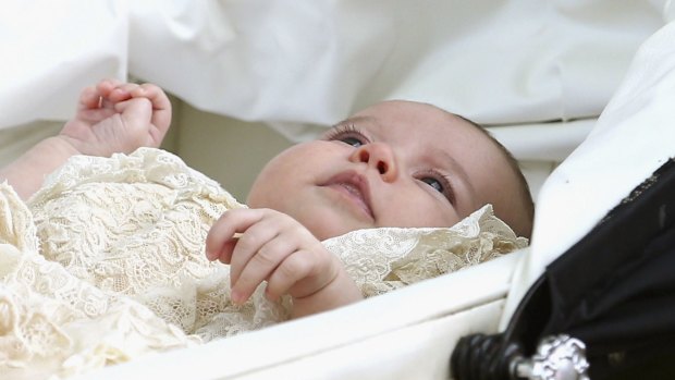 Princess Charlotte is pushed in a pram after her christening at St. Mary Magdalene Church in Sandringham, England.