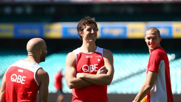 Milestone man: Sydney Swans forward Kurt Tippett jokes around at training.