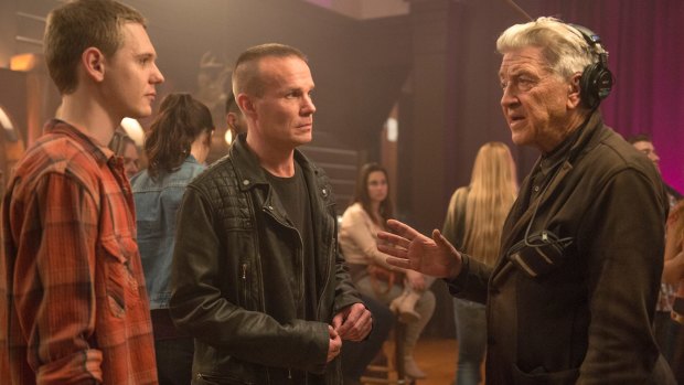 Jake Wardle (left), James Marshall and David Lynch behind the scenes of Twin Peaks. 