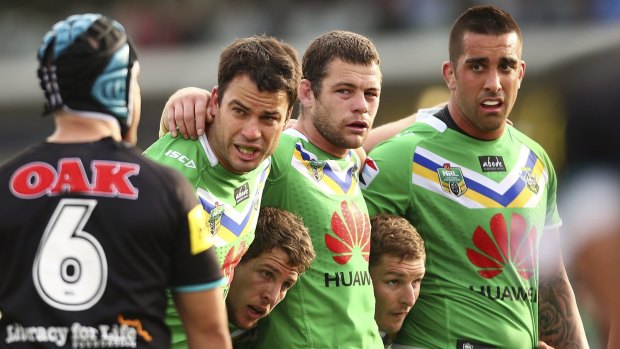 Spotlight on scrums: David Shillington, Shaun Fenson, Paul Vaughan, Jarrad Kennedy and Glen Buttriss of the Raiders line up against the Penrith Panthers in Canberra in May.