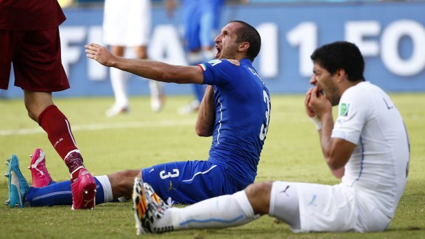 Banned: Uruguay's Luis Suarez after biting Italian defender Giorgio Chiellini .