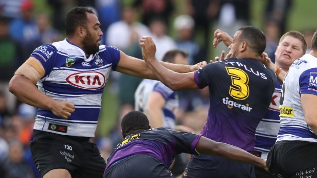Brawl: Canterbury's Sam Kasiano and Melbourne's Will Chambers were both sent to the sin bin over a fight at Belmore in round one.
