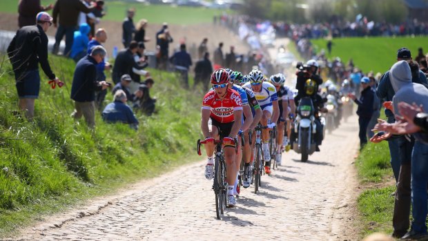 Belgian Sean de Bie of Lotto-Soudal leads the breakaway during the Paris-Roubaix on Sunday.