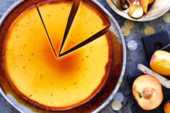 Neil Perry's caramel flan with peaches.