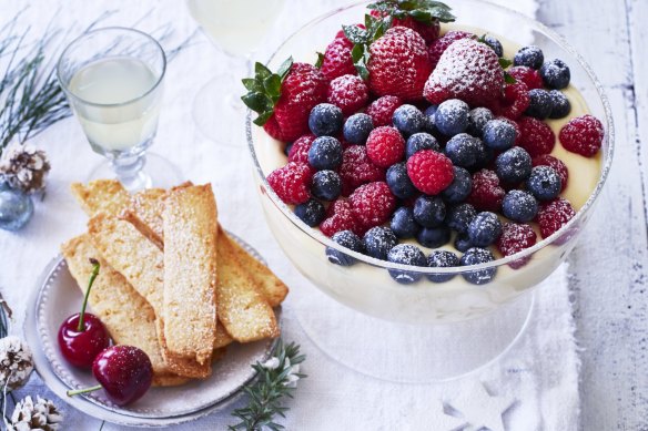 Limoncello mousse topped with berries and served with optional coconut wafers (left).