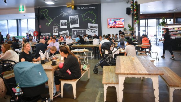 Buzzing: the cafe inside the sprawling LaManna supermarket at Essendon Fields.