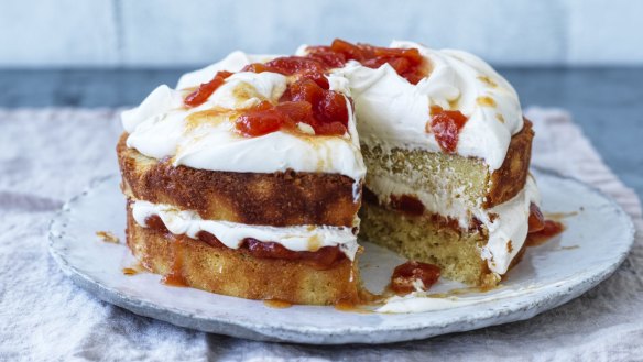 Coconut sponge sandwiched with papaya compote and coconut cream.