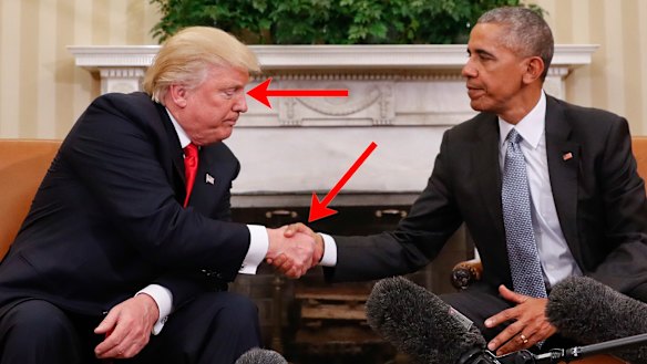 Indications of body language cues in the first meeting between Donald Trump and Barack Obama.
