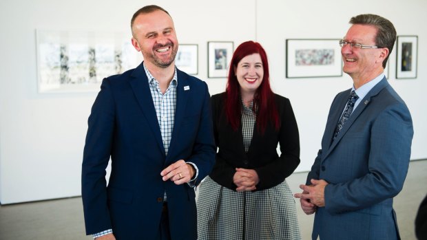  ACT Chief Minister Andrew Barr, member for Ginninderra Tara Cheyne and ACT Arts Minister Gordon Ramsay at the Belconnen Arts Centre 