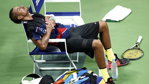 Seeking clarity: Nick Kyrgios takes a break between sets at the US Open..