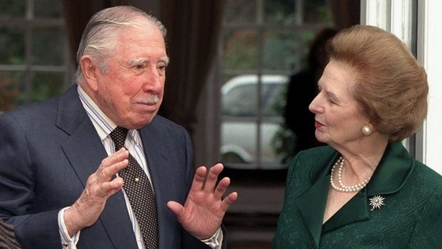 The late Chilean dictator Augusto Pinochet in Britain in1999 talking to former British prime minister Margaret Thatcher. 