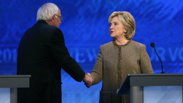 Bernie Sanders and Hillary Clinton at the Democratic presidential primary debate in New Hampshire.