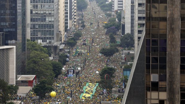 Demonstrators fill Sao Paulo's Avenida Paulista on Sunday during a protest demanding Rousseff's impeachment and an end to corruption.