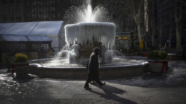 Icy spout: An ice-covered fountain in Bryant Park in the Manhattan.