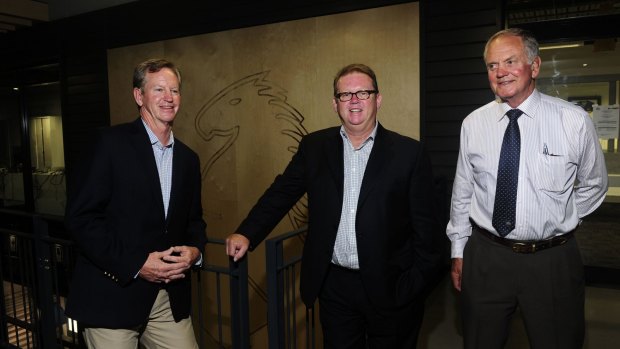 New Brumbies president Bob Brown, right, with chief executive Michael Jones, centre, and outgoing president Geoff Larkham at the club's annual general meeting on Wednesday night.